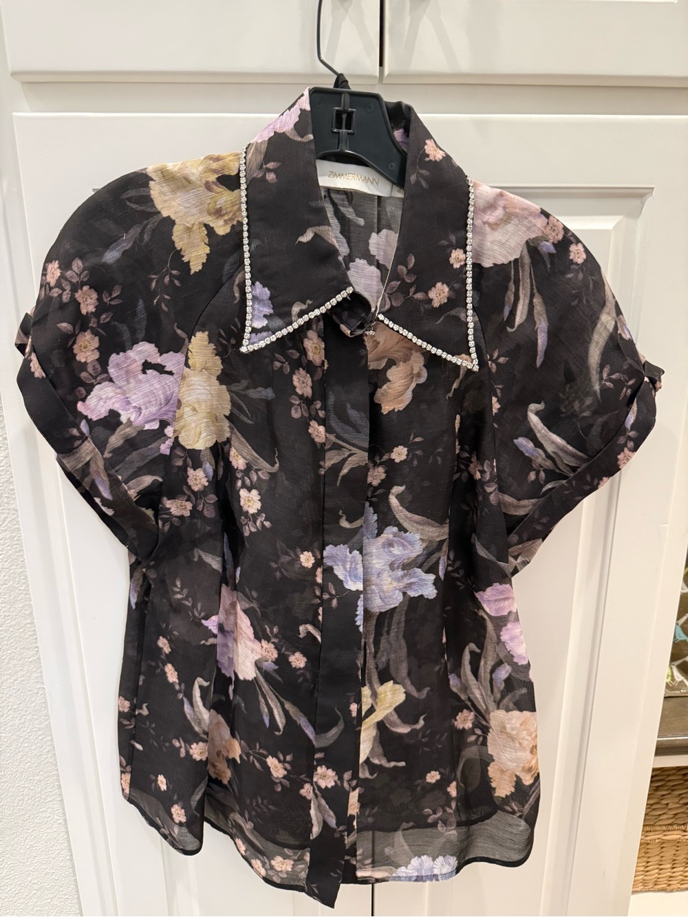 Zimmermann Eden Black Floral Short-Sleeve Blouse with Crystal edged Collar